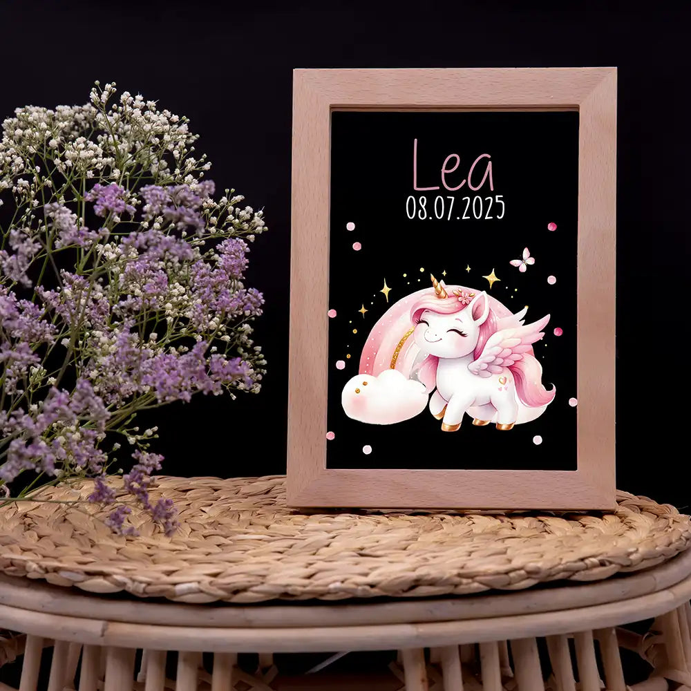 Personalisiertes LED Nachtlicht Bilderrahmen mit Namen - Einhorn