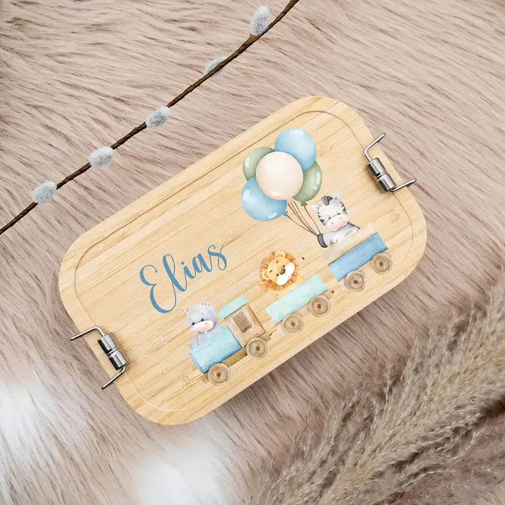 personalisierte aufbewahrungsdose mit tiere eisenbahn design