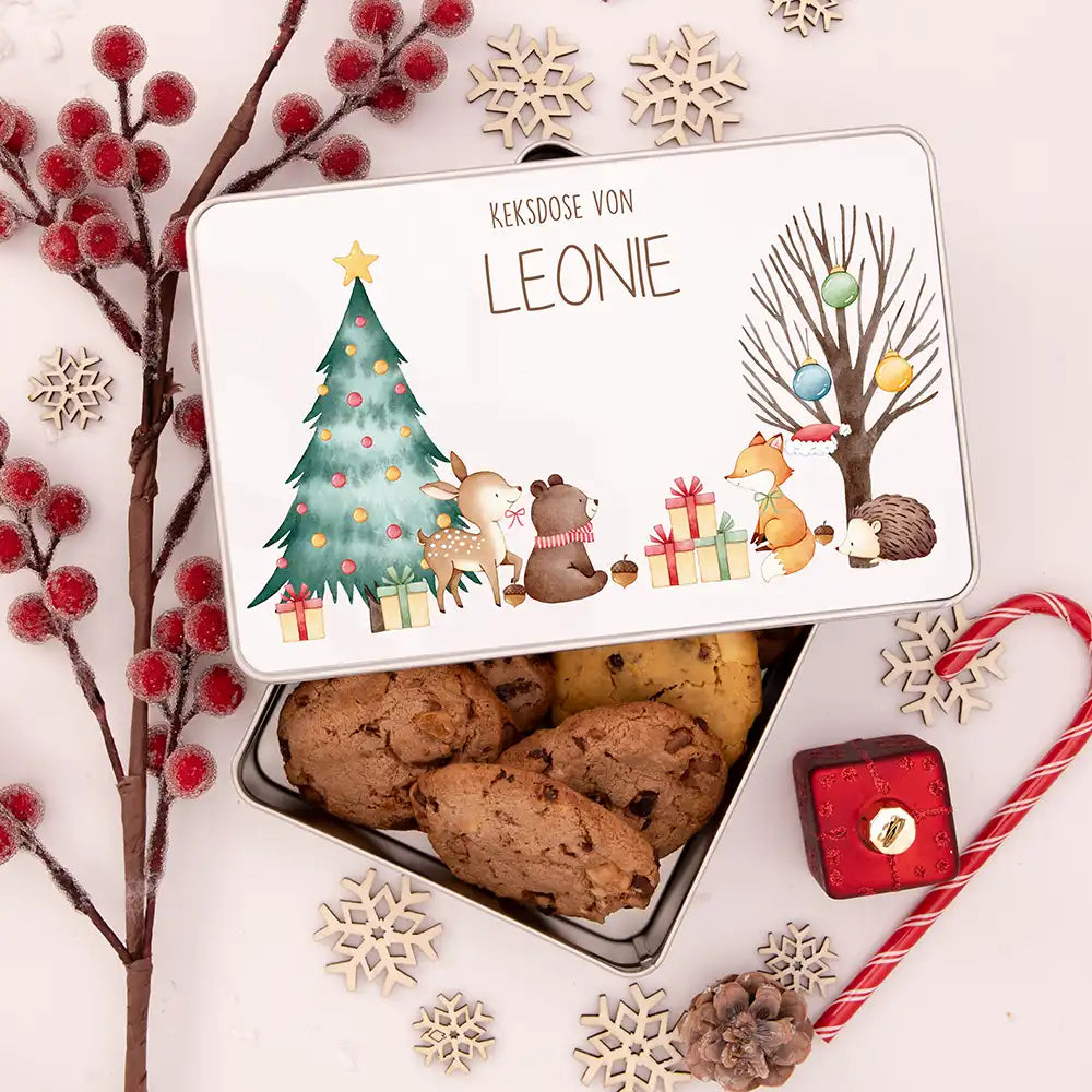 Keksdose aus Metal personalsiert - fröhliche Tiere im Wald