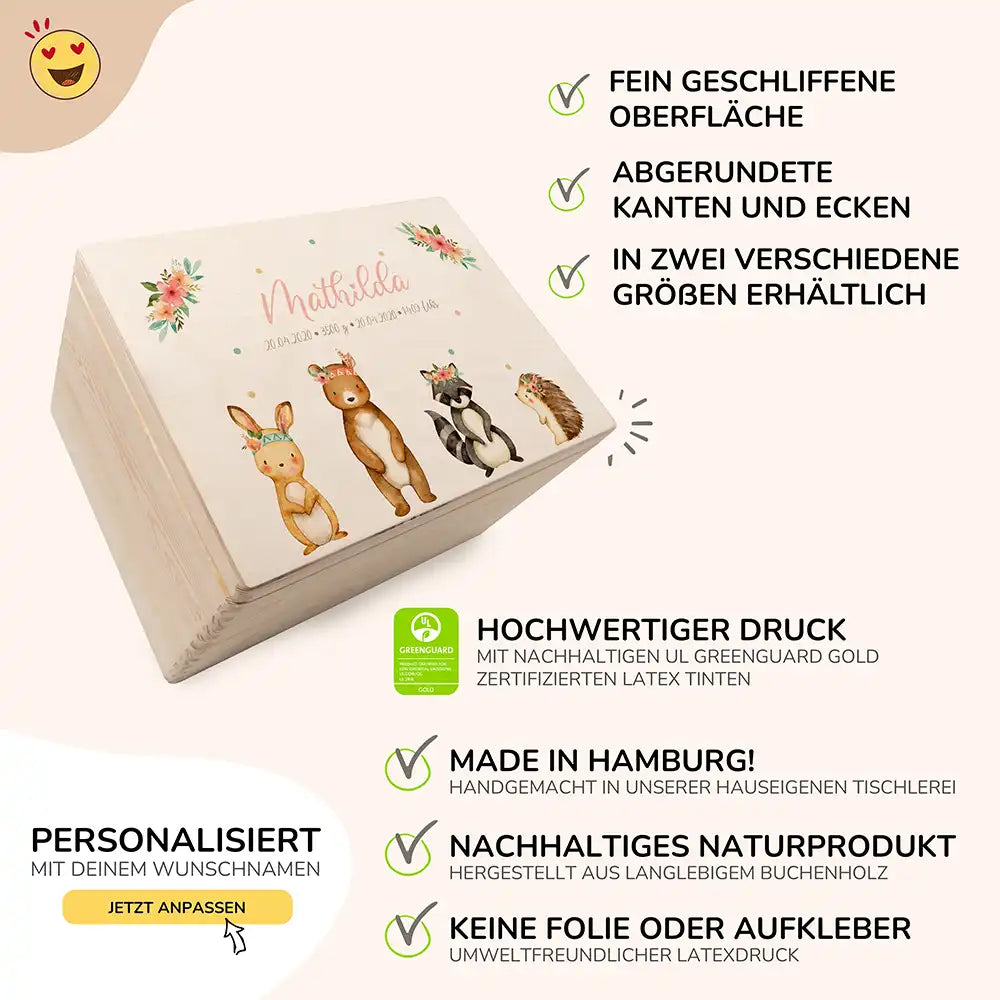 Personalisierte Erinnerungskiste Woodland Tierfamilie