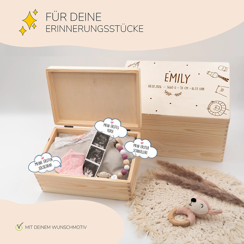 Erinnerungsbox Baby - fröhliche Tierfamilie