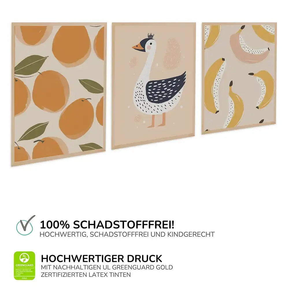 Poster 3er-Set - Orangen, Schwan & Bananen fürs Kinderzimmer