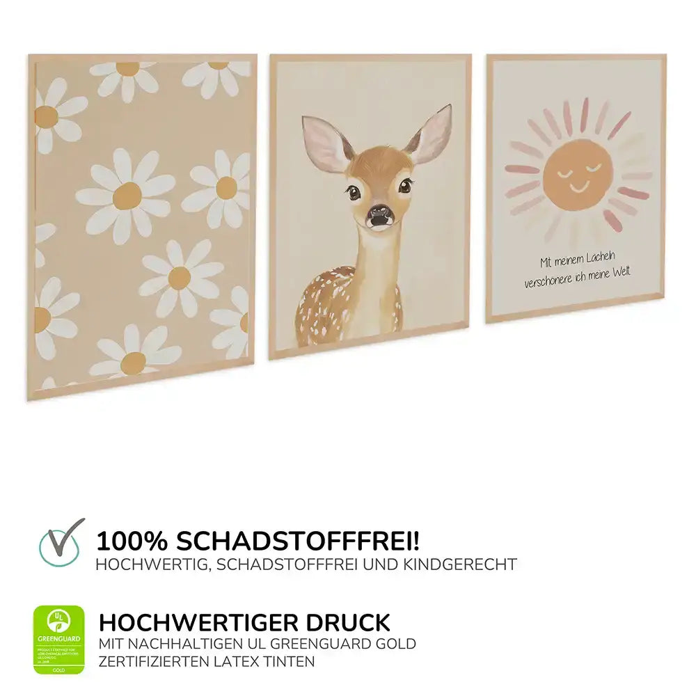Poster 3er-Set - Gänseblümchen, Reh & Sonnenschein fürs Kinderzimmer
