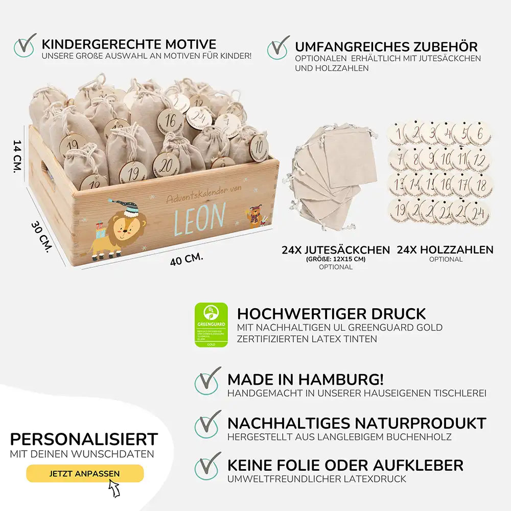 Personalisierte Adventskiste zum Befüllen - Löwe und Bär