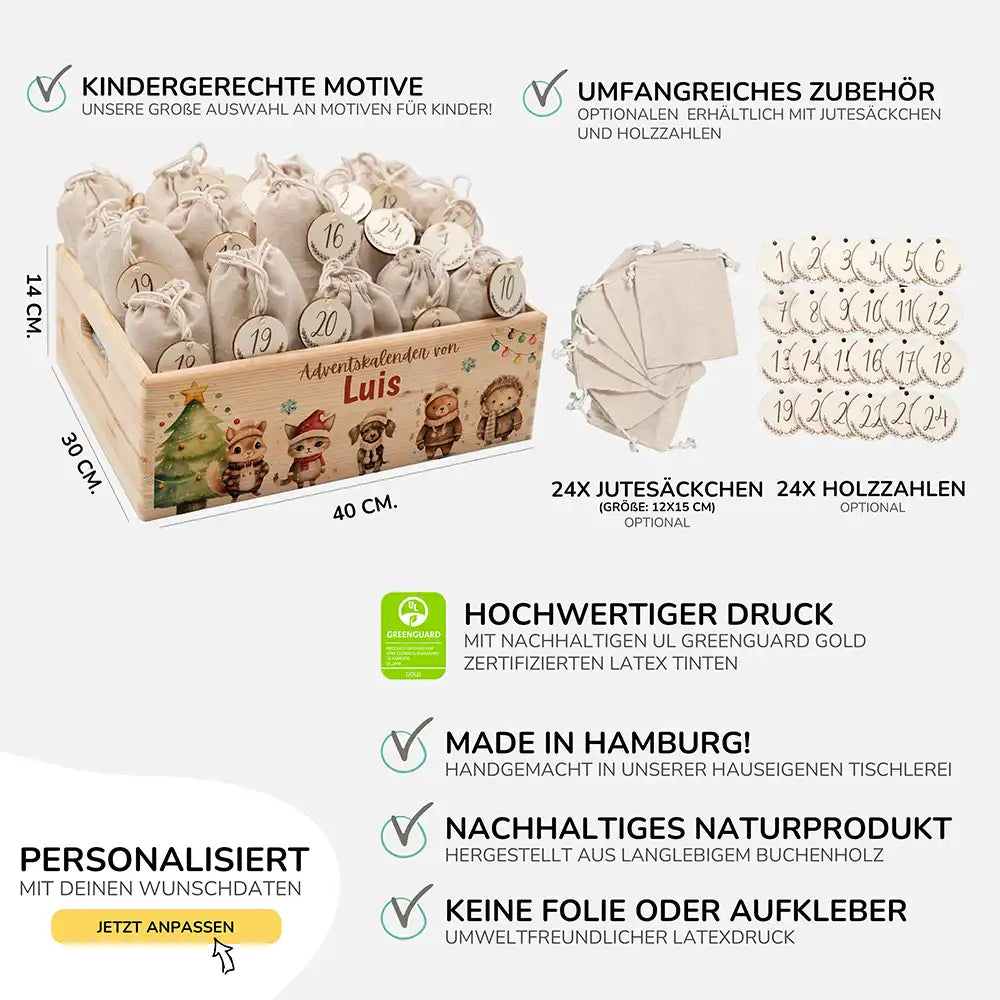 Personalisierte Adventskiste zum Befüllen - Tierfamilie im Winterwald