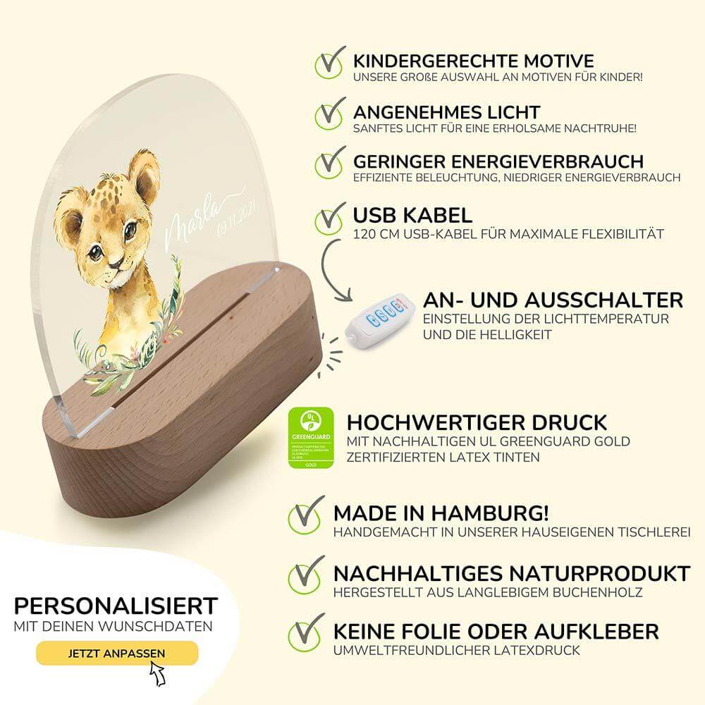 detailed view of personalized lion night lamp