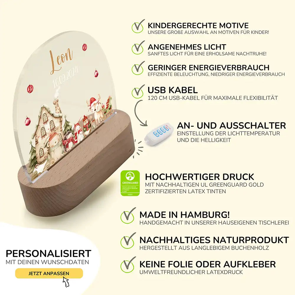 Nachtlicht Kinder personalisiert Weihnachten - Niedliche Waldfreunde