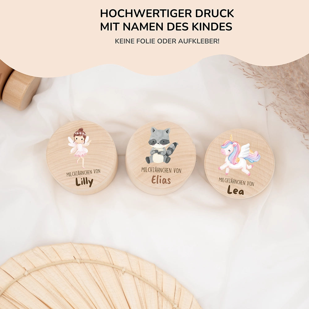 Zahndose Milchzähne personalisiert - Holz Zahnbox mit Wunschnamen - Waschbär Motiv