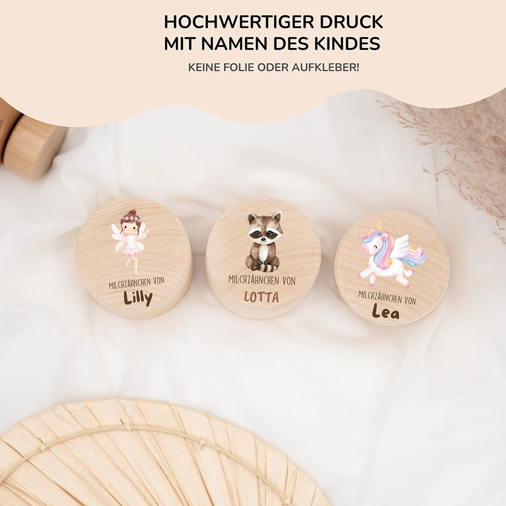 Zahndose Milchzähne personalisiert - Holz Zahnbox mit Wunschnamen - Waschbär