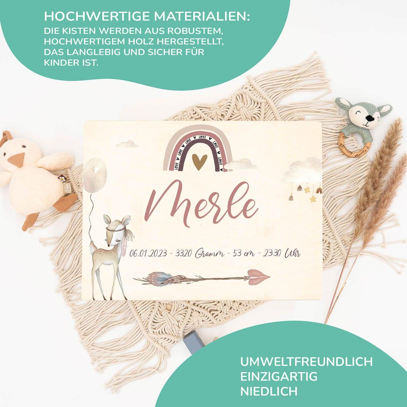Personalisierte Erinnerungskiste Reh Regenbogen Boho