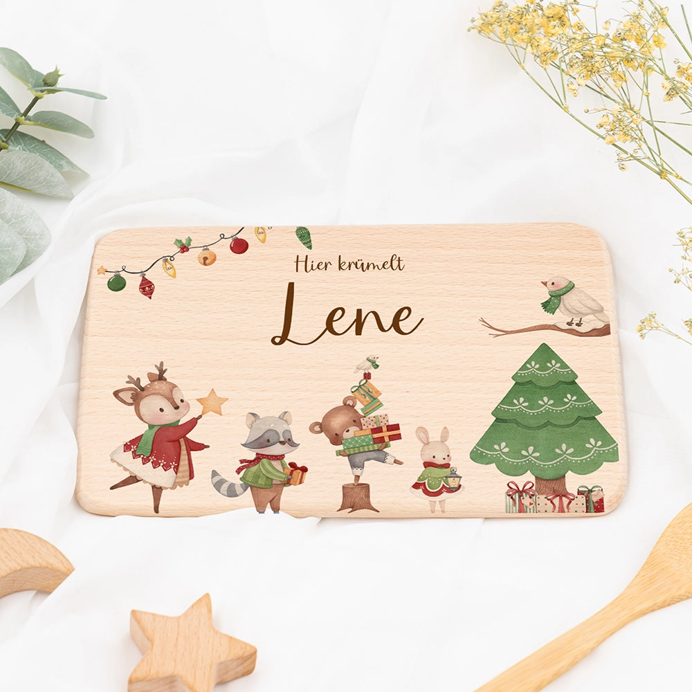 Frühstücksbrettchen Weihnachten Tiere und Weihnachtsbaum - Geschenk Weihnachten