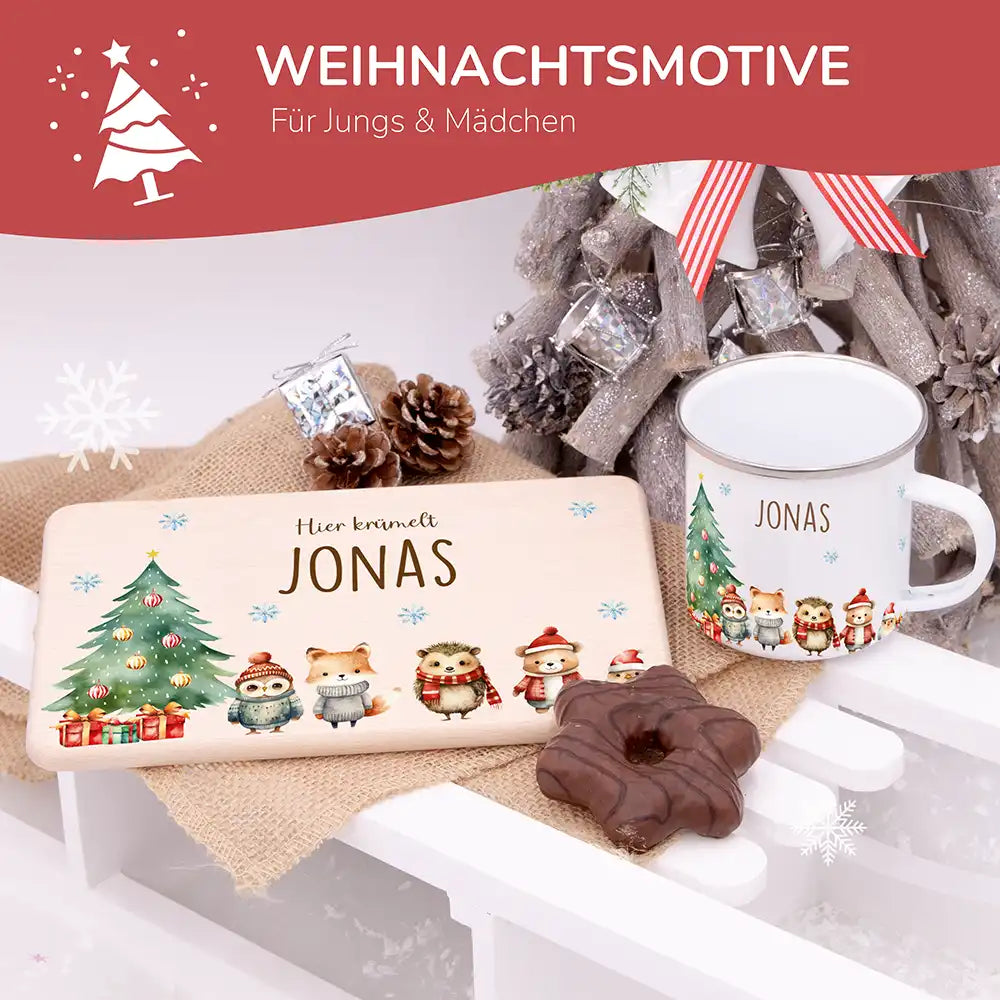 Weihnachts-Set Frühstücksbrettchen und  Emaille Tasse - Fuchs & Häschen-Freunde