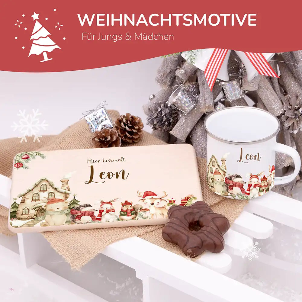 Weihnachts-Set Frühstücksbrettchen + Emaille Tasse - Weihnachtsglück