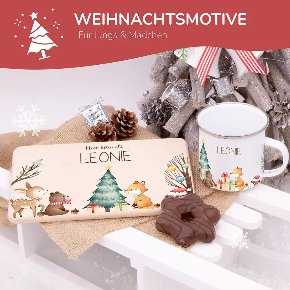 Weihnachts-Set Frühstücksbrettchen + Emaille Tasse - Fuchs am Weihnachtsbaum