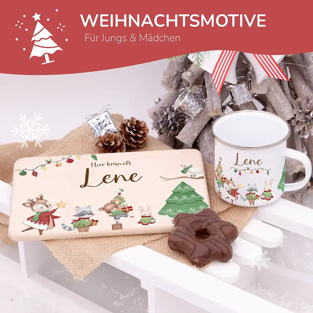 Weihnachts-Set Frühstücksbrettchen + Emaille Tasse - Tanzende Tiere