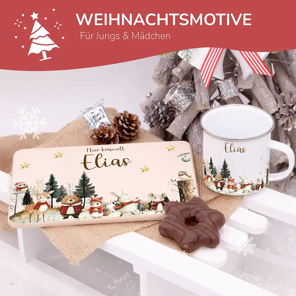 Weihnachts-Set Frühstücksbrettchen + Emaille Tasse - Waldtiere im Wintertraum