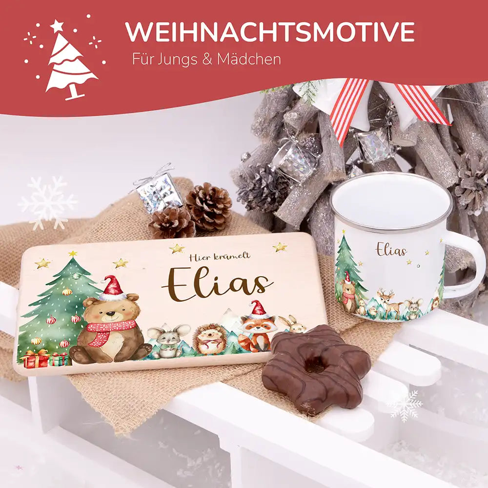 Weihnachts-Set Frühstücksbrettchen + Emaille Tasse - Winterzauber-Freunde