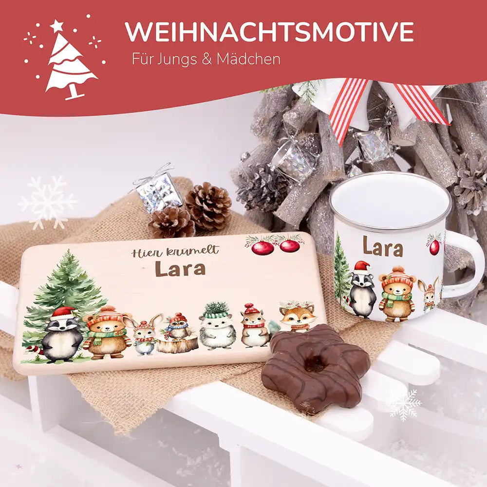 Weihnachts-Set Frühstücksbrettchen und  Emaille Tasse - Niedliche Waldfreunde