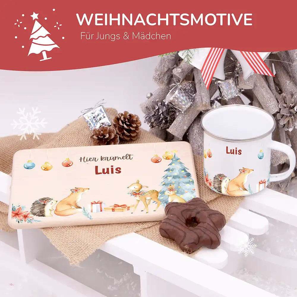 Weihnachts-Set Frühstücksbrettchen und  Emaille Tasse - Fuchs im Wald
