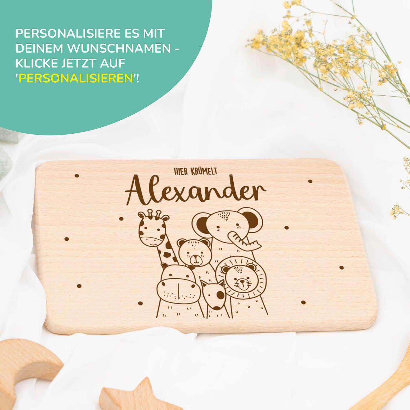 engraved breakfast board with animal friends and custom name