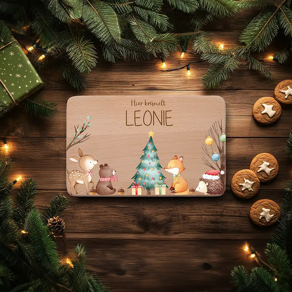 Weihnachts-Set Frühstücksbrettchen + Emaille Tasse - Fuchs am Weihnachtsbaum