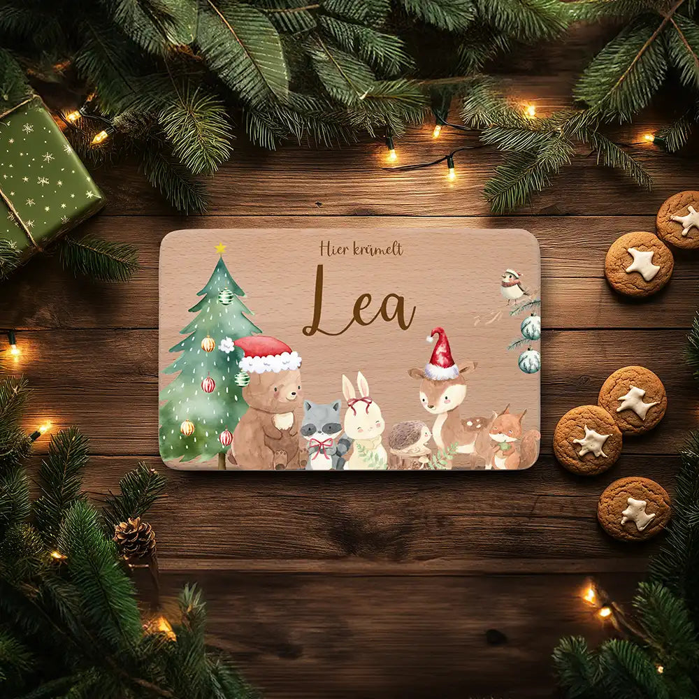 Weihnachts-Set Frühstücksbrettchen + Emaille Tasse - niedliche Waldtiere