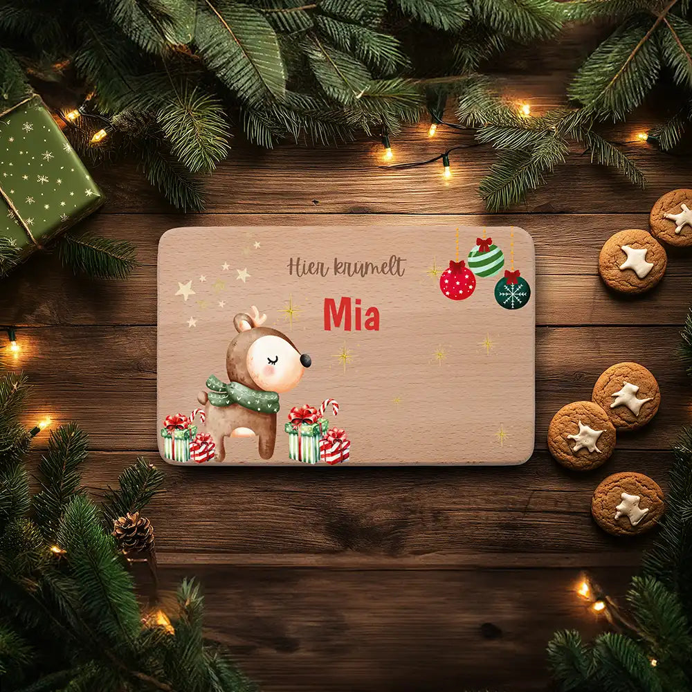 Weihnachts-Set Frühstücksbrettchen + Emaille Tasse - Baby Reh Motiv