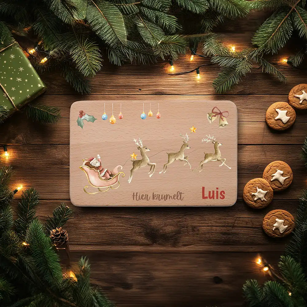 Weihnachts-Set Frühstücksbrettchen + Emaille Tasse - Rentier Schlitten