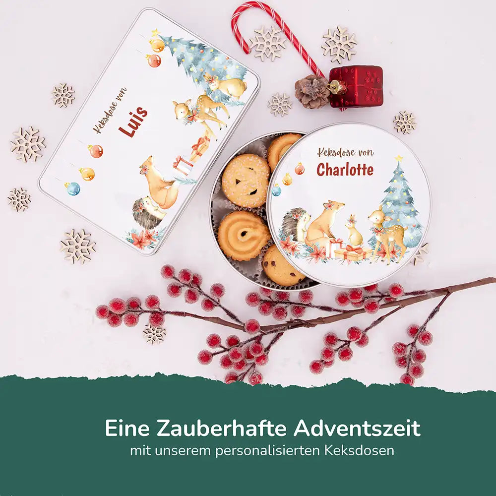 Keksdose aus Metal personalisiert - Festliche Waldfreunde