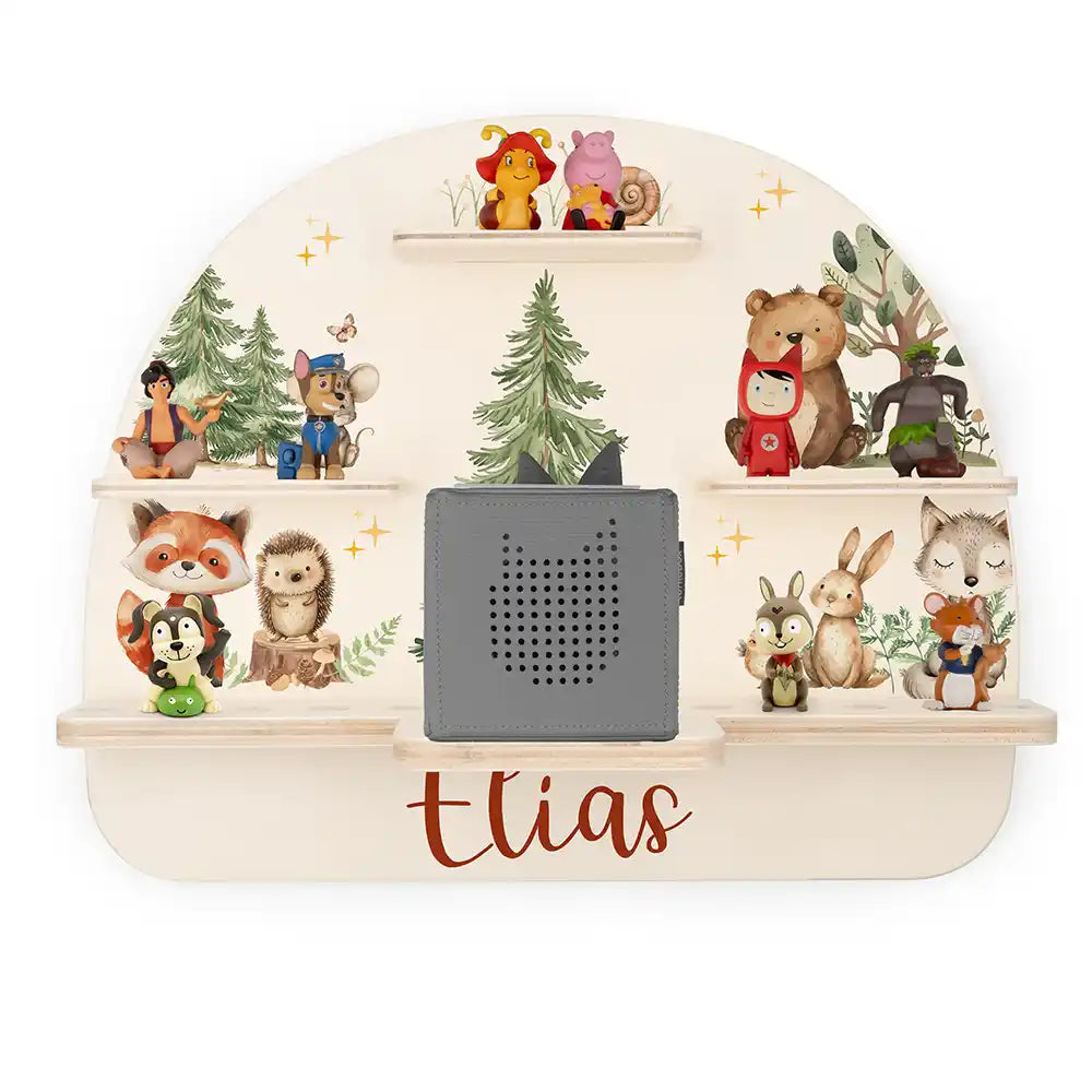 holztregal mit fröhlichen waldtieren für toniebox