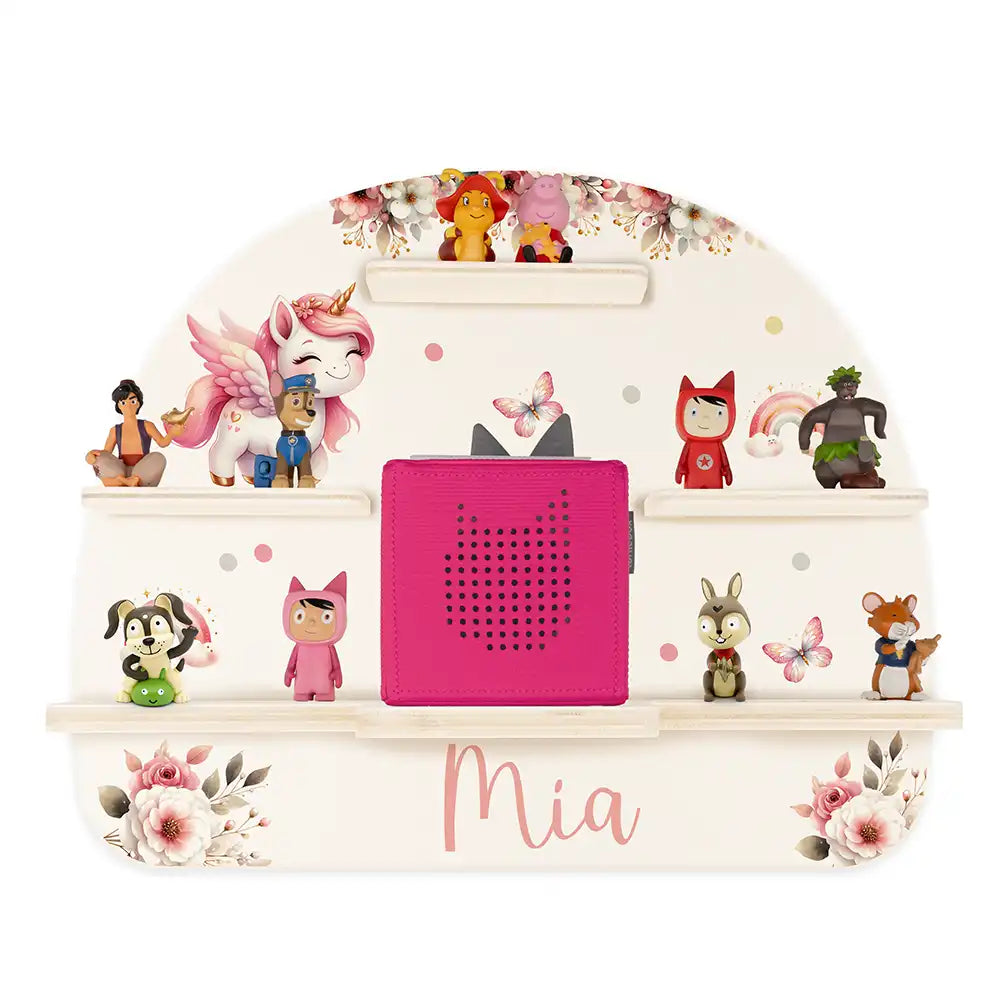 Tonie Regal aus Holz, Toniebox Regal personalisiert Einhorn