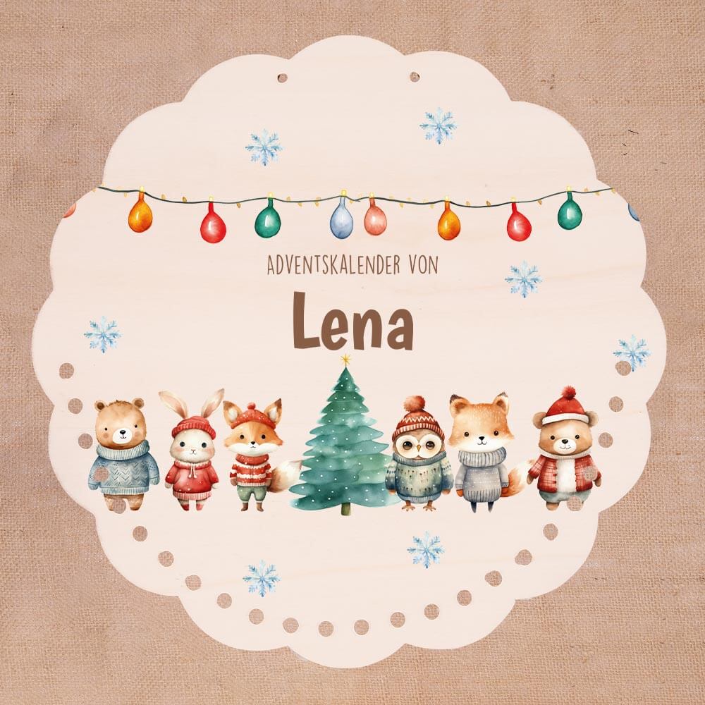 Personalisierter runder Adventskalender Kinder aus Holz - Niedliche Waldfreunde