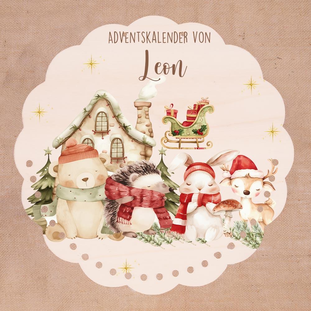 Personalisierter runder Adventskalender Kinder aus Holz - Waldtiere im Winterzauber