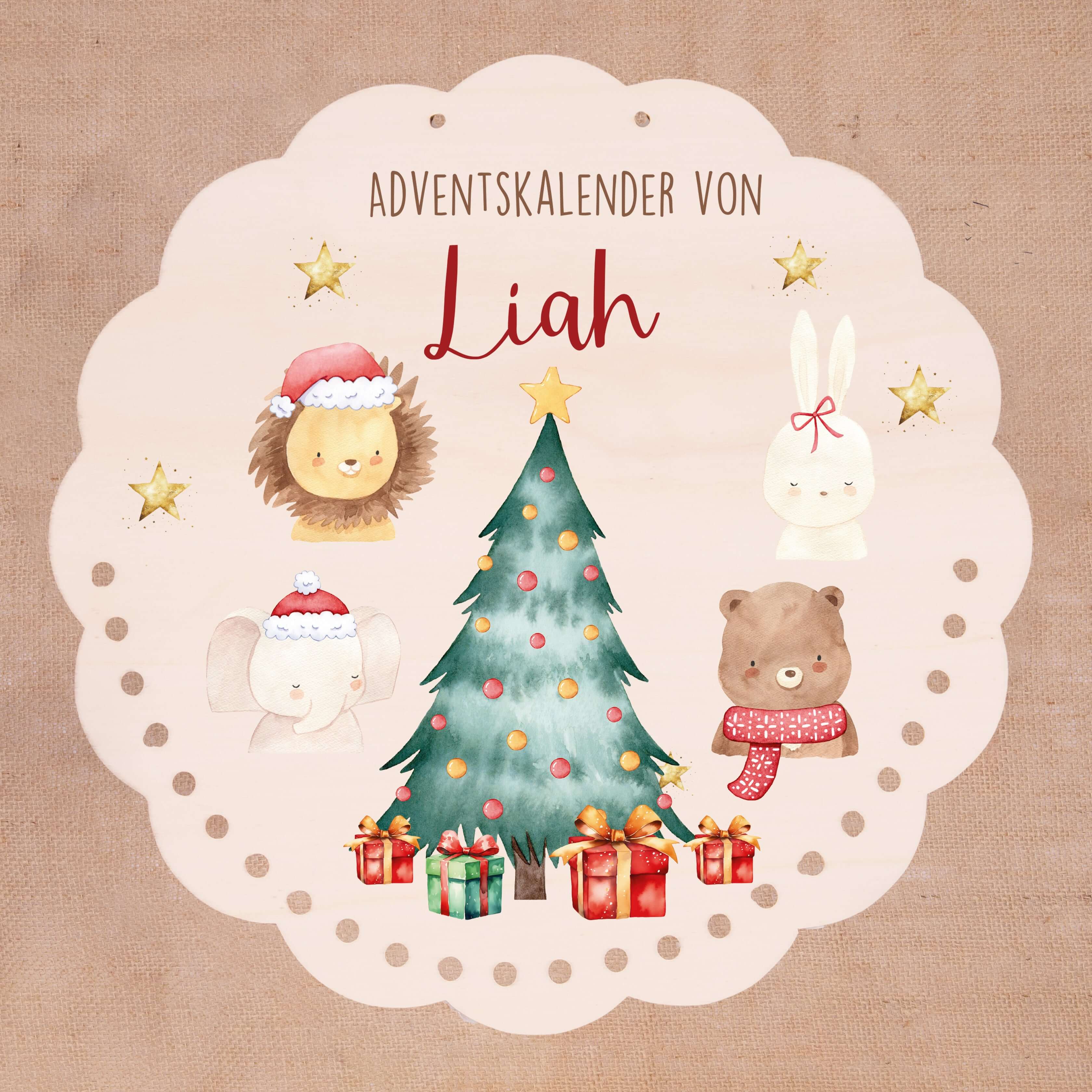 Personalisierter runder Adventskalender Kinder aus Holz - Weihnachtliche Tierwelt