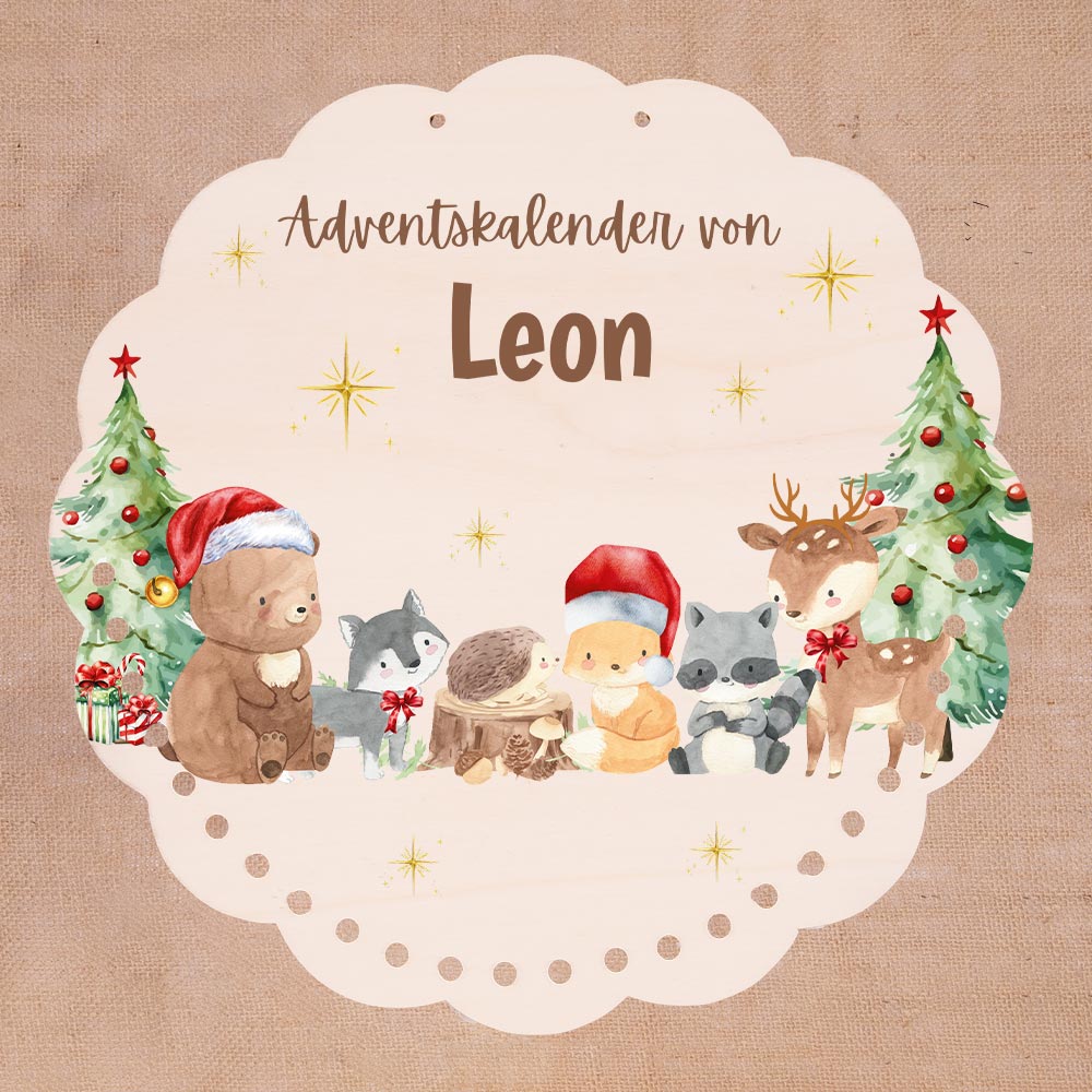 Personalisierter runder Adventskalender Kinder aus Holz - Winterwunderland