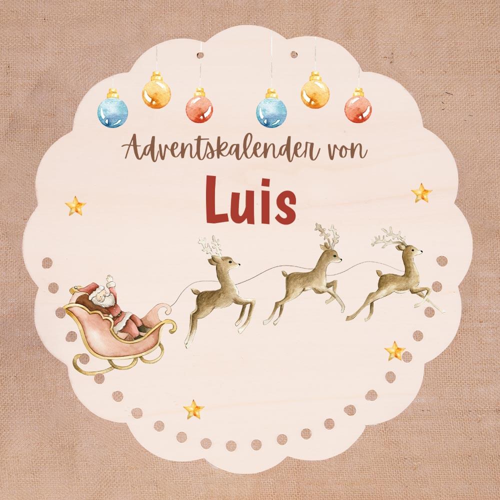 Personalisierter runder Adventskalender Kinder aus Holz - Rentiere