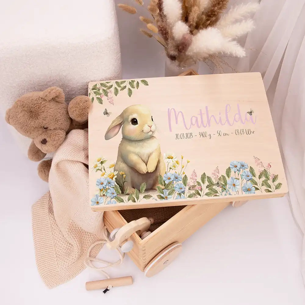 Spielzeugkiste mit Rädern personalisiert - Häschen