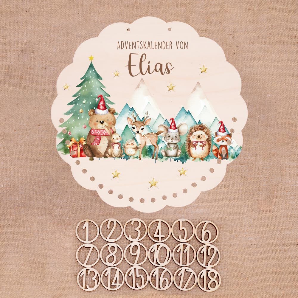 Personalisierter runder Adventskalender Kinder aus Holz - Winterwald & seine Bewohner
