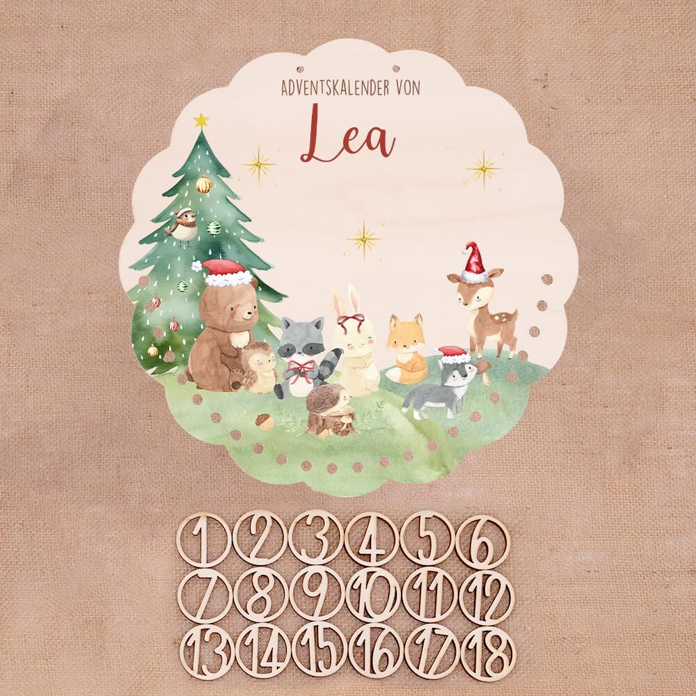 Personalisierter runder Adventskalender Kinder aus Holz - Niedliche Waldfreunde