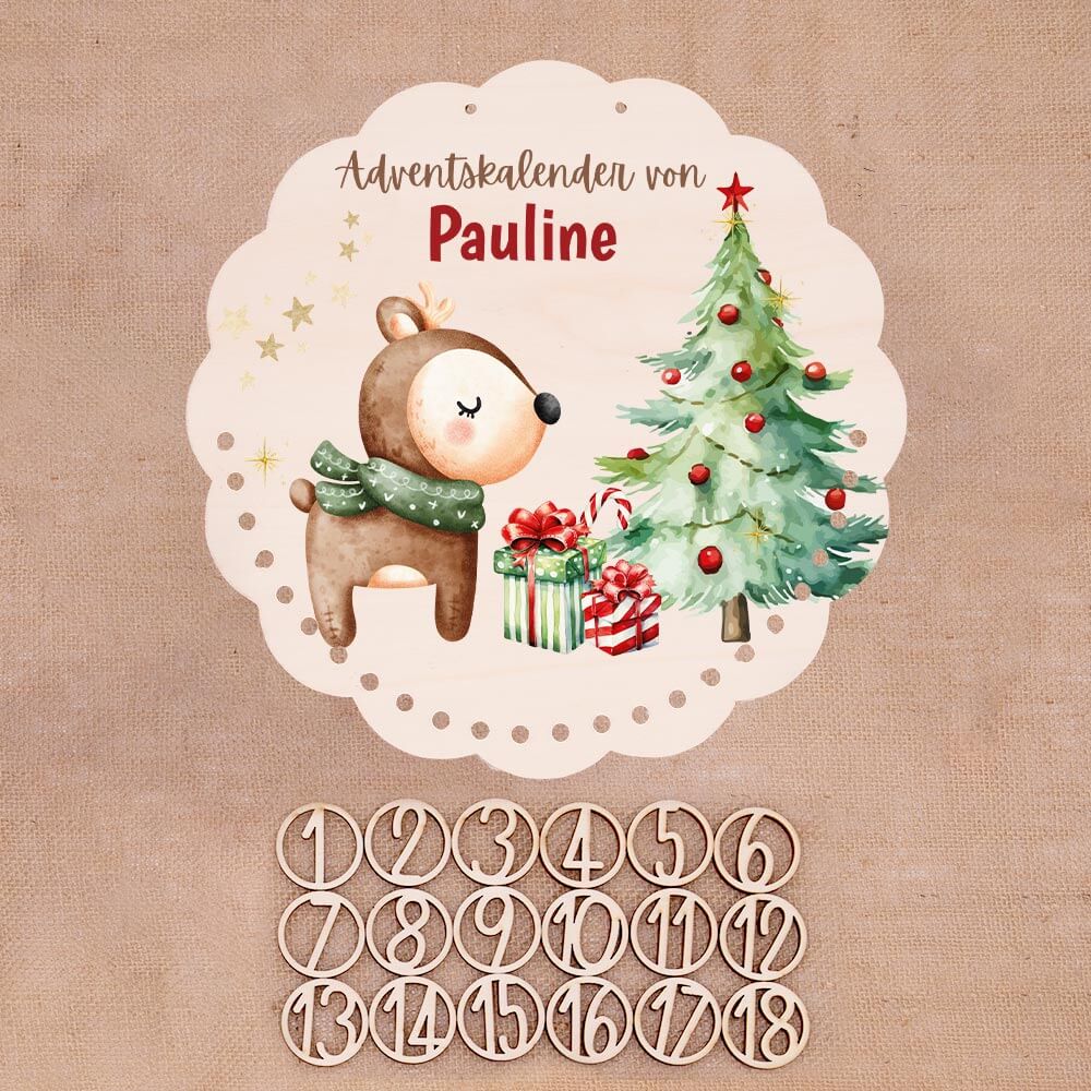 Personalisierter runder Adventskalender Kinder aus Holz - Baby Reh