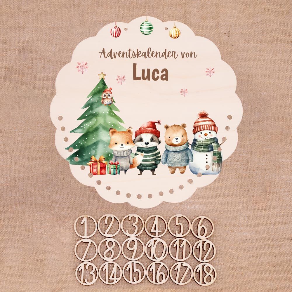 Personalisierter runder Adventskalender Kinder aus Holz - Tierische Weihnachtsbande