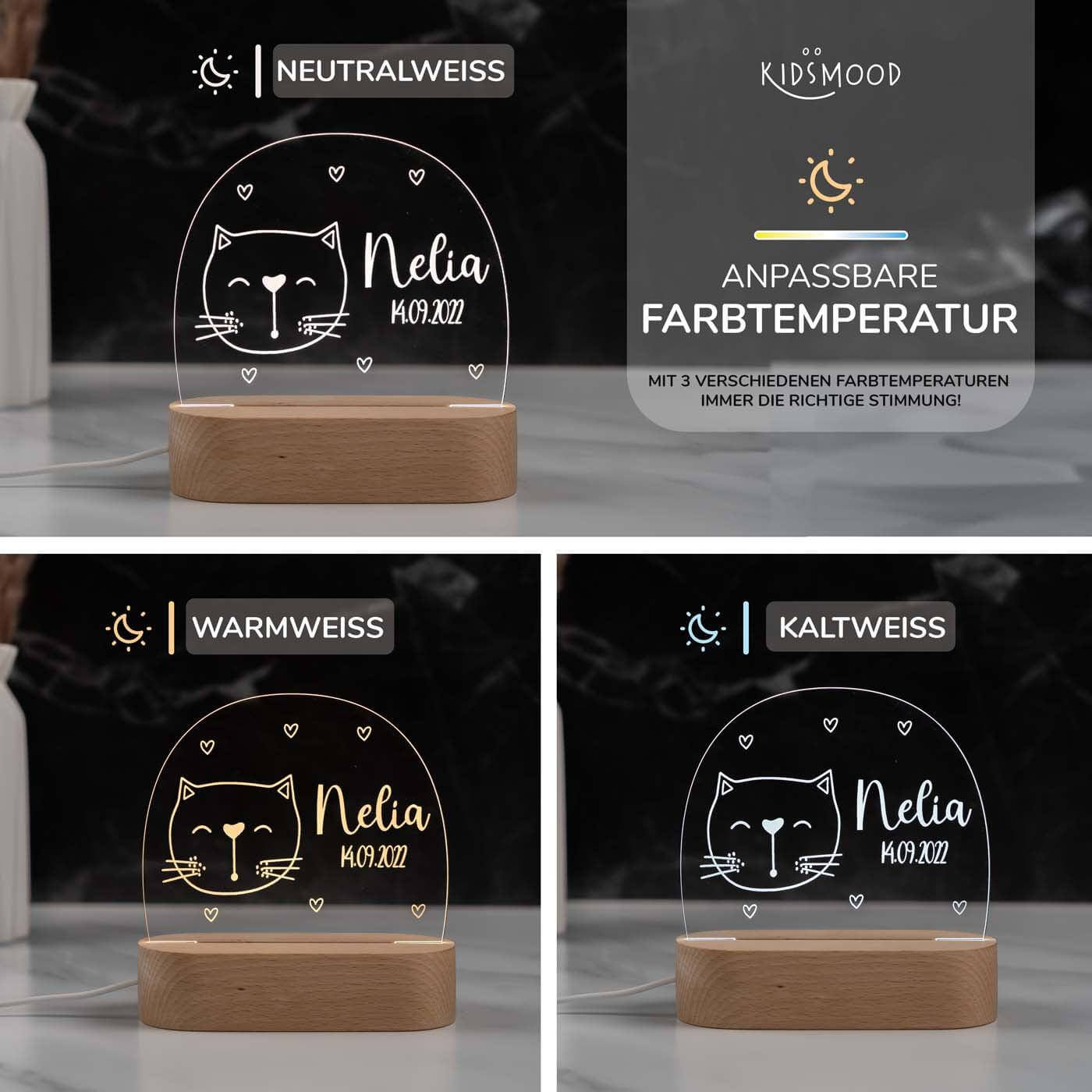 Personalisierte Nachtlampe für Kinder - Kater - Name und Geburtsdatum