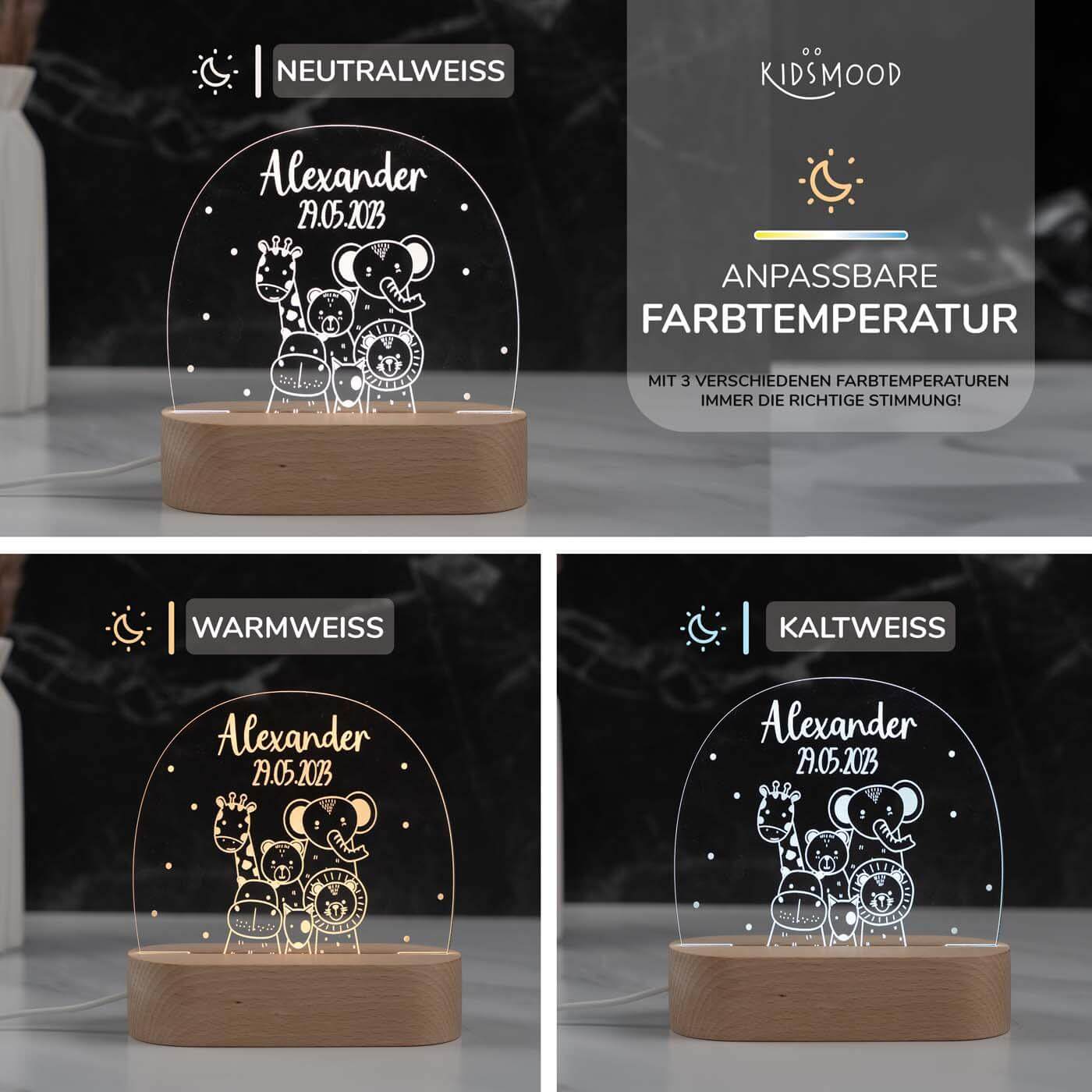 Personalisierte Nachtlampe für Kinder - Tierfreunde - Name und Geburtsdatum