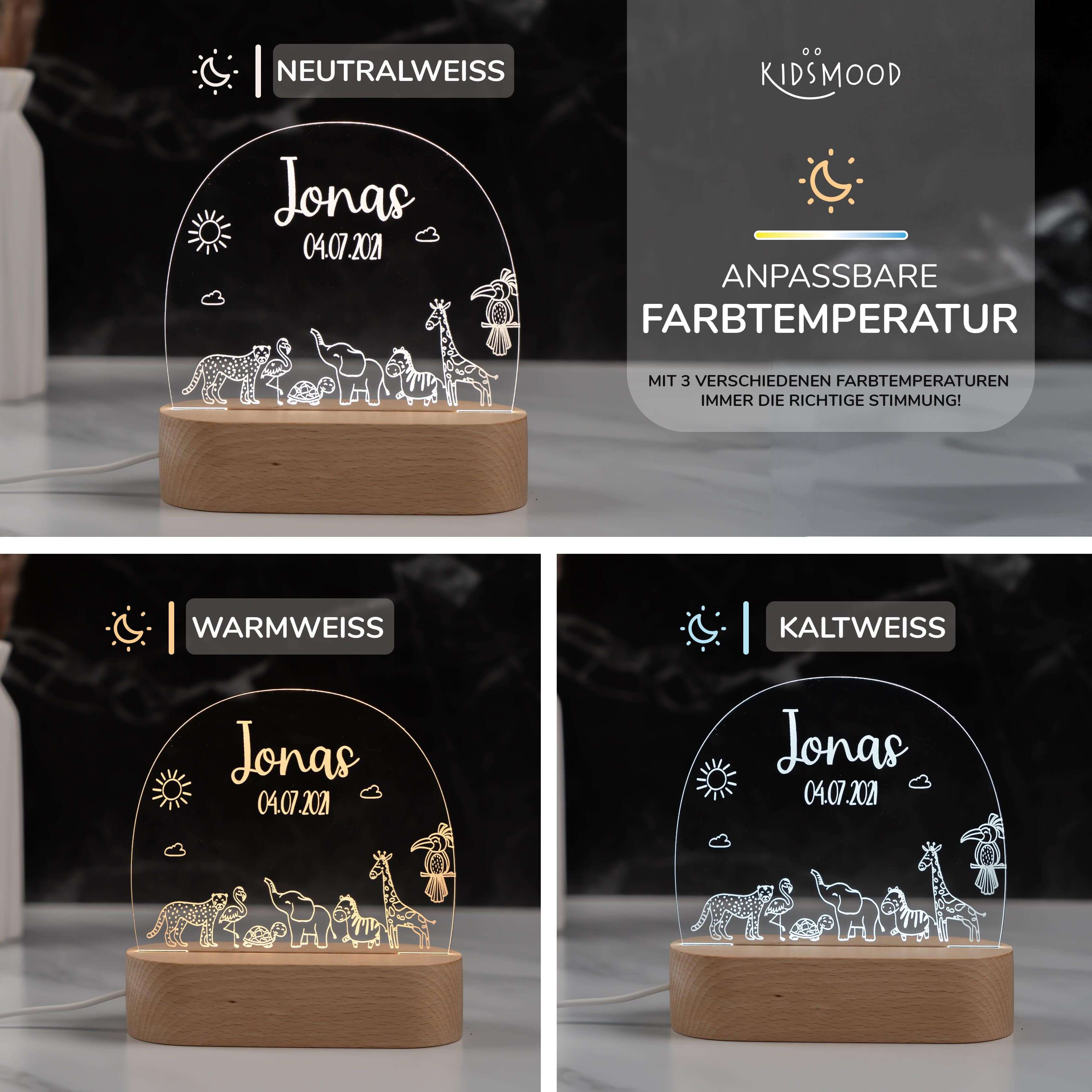 Personalisierte Nachtlampe für Kinder - Safari - Name und Geburtsdatum