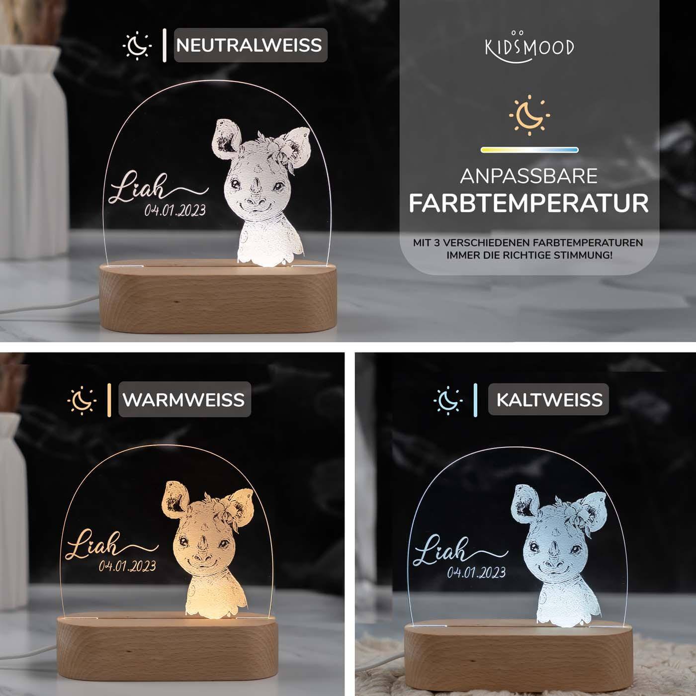 Personalisierte Nachtlampe für Kinder - Baby Nashorn - Name und Geburtsdatum