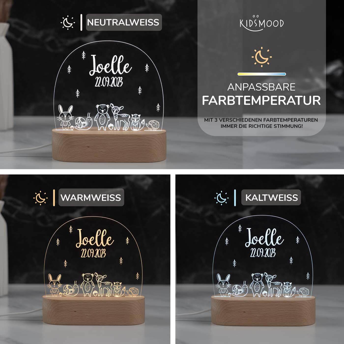 handgefertigte nachtlampe mit baby waldtiere gravur