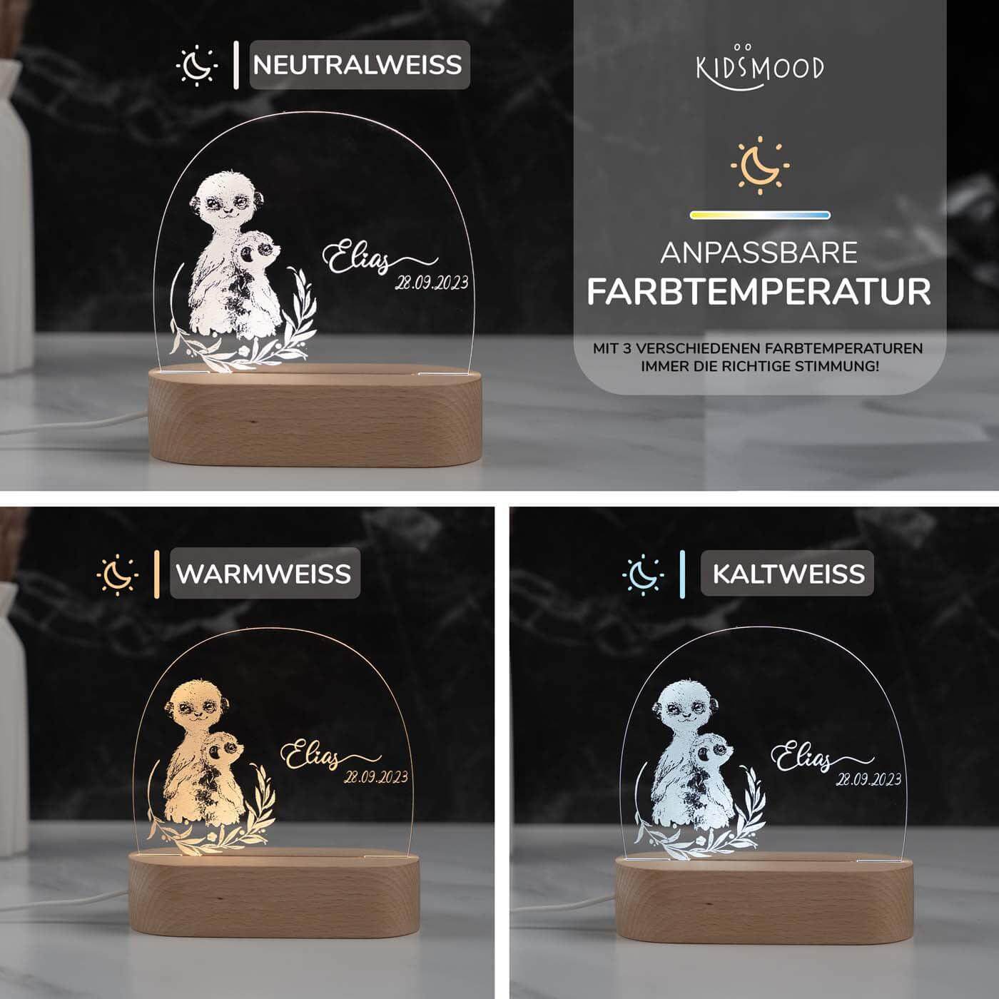 Personalisierte Nachtlampe für Kinder - Erdmännchen - Name und Geburtsdatum
