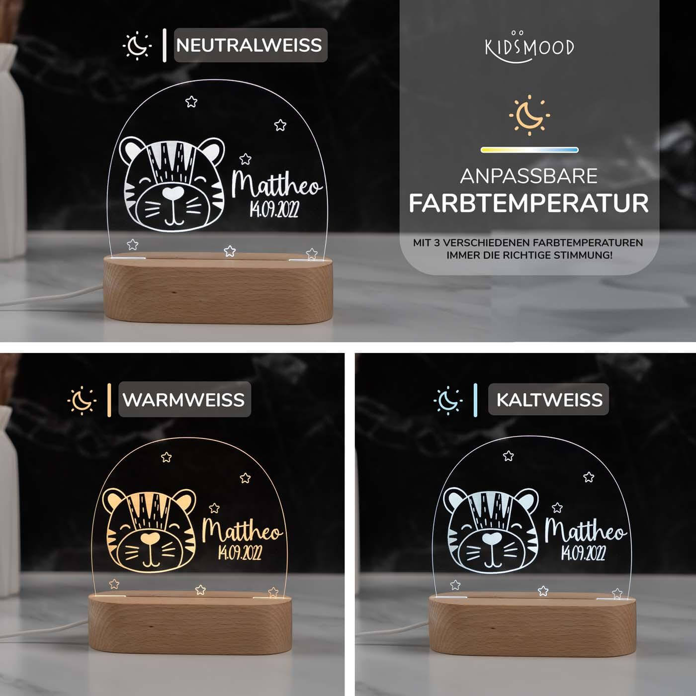 Personalisierte Nachtlampe für Kinder - Tiger - Name und Geburtsdatum