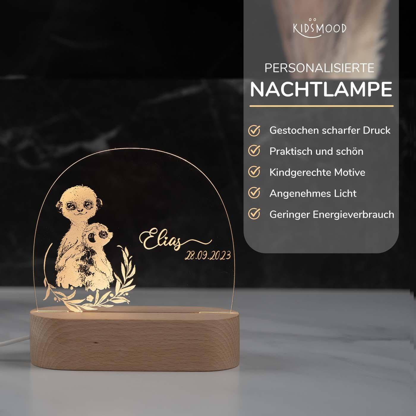 Personalisierte Nachtlampe für Kinder - Erdmännchen - Name und Geburtsdatum
