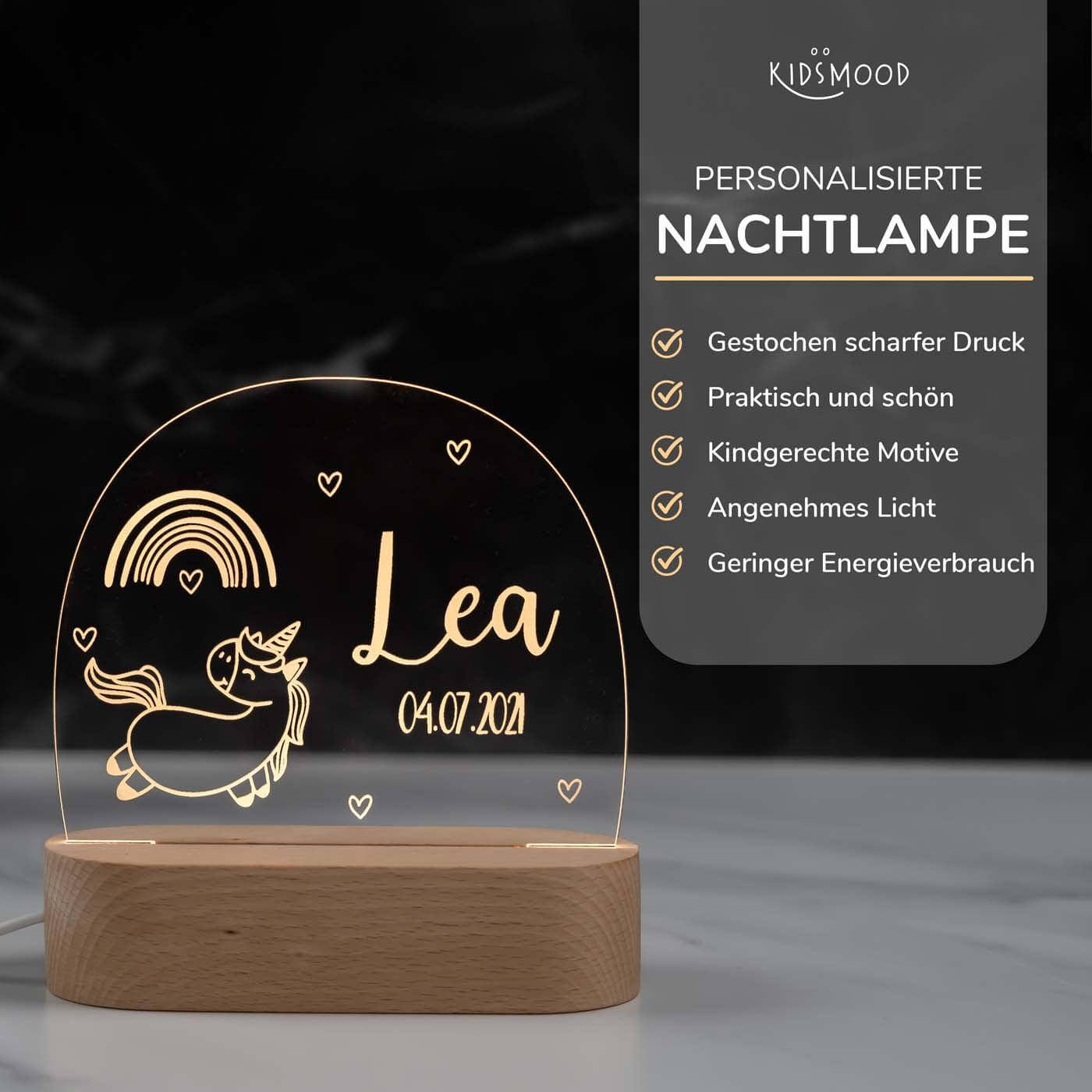 Personalisierte Nachtlampe für Kinder - Einhorn Regenbogen - Name und Geburtsdatum